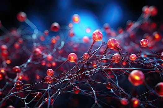 neurons, with red and blue lights in the middle one is surrounded by small white spheres that are connected to each other cells