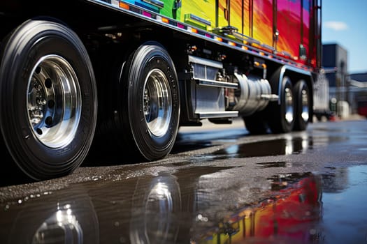 a semi truck driving down the road with its reflection in the wet surface on the ground, as if it's not raining