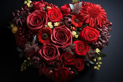 red roses in the shape of a heart on a black background with space for your text valentine's day