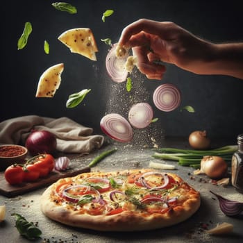 flying splashing mozzarella bufala italian pizza with tomato sauce and basil food photography generative ai art