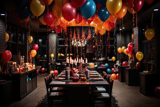 a birthday party with balloons, candles and cons hanging from the ceiling over a long table is surrounded by black chairs