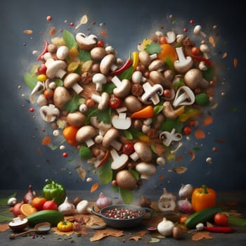 heart shaped group of fall winter veggies collage including peperoni, carrot, broccoli, zucchini and other greens generative ai art