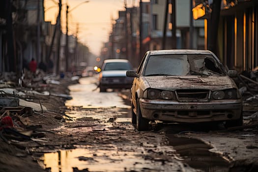 a car that is sitting in the middle of a street with water all over it and debris everywhere on the ground