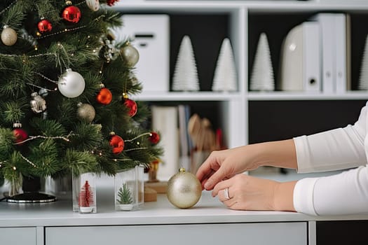 someone decorating a christmas tree with red and silver baknots on the table in front of a white bookcase