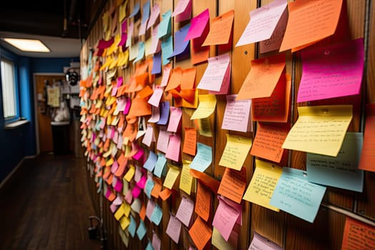 post - it notes on a wall in an office space with wood flooring and blue walls covered with sticky notes