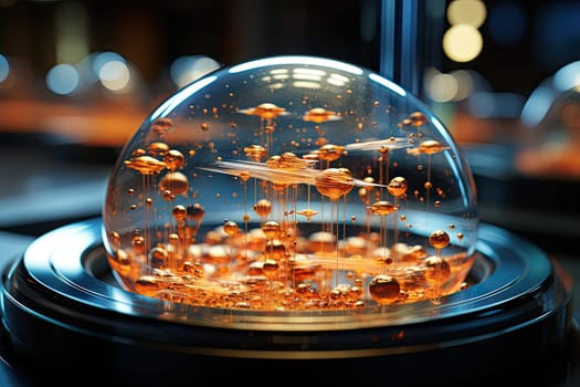 a snow globe with orange liquid flowing from the top to the bottom, in front of a city at night time