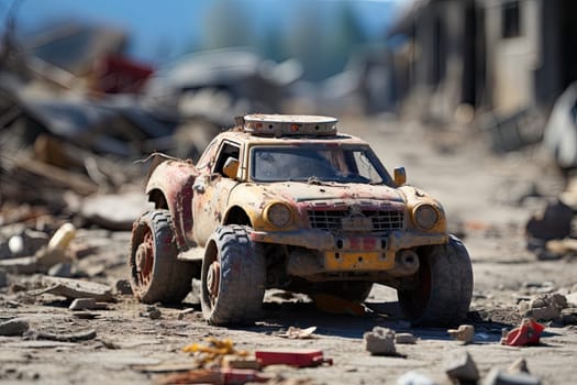 an old toy car in the middle of a pile of junks and other things that are scattered on the ground