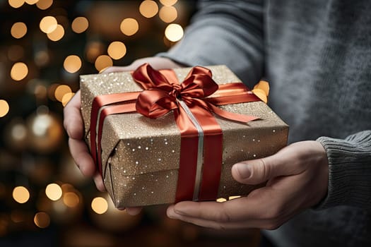 a person holding a gift box with a red ribbon around it and lights in the background as well for christmas