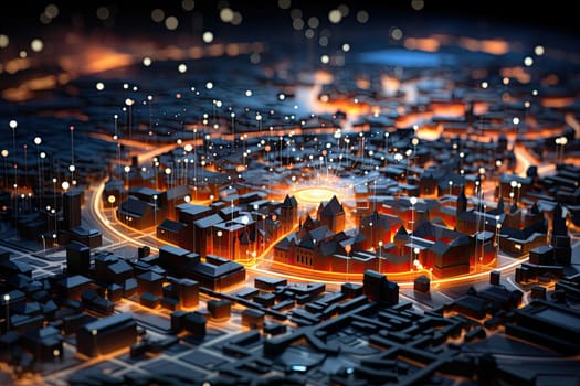 a city with lots of buildings and lights in the middle part of the image there is an orange glow coming from above