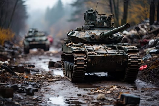 an army tank in the middle of a muddy road with other tanks on either side of it, all lined up