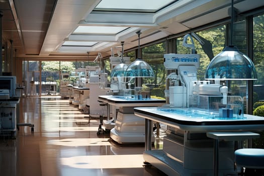the inside of a hospital with lots of equipment on tables and benches in front of large windows that look out onto trees