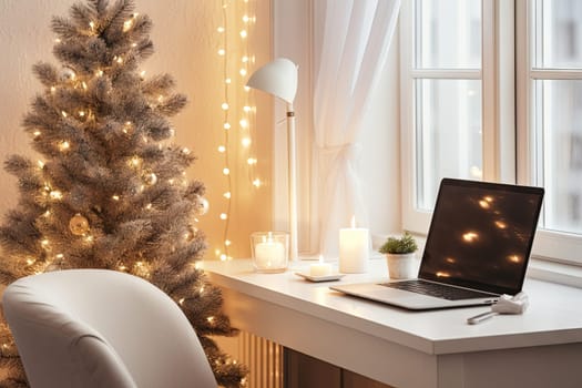 a christmas tree in the corner of a room with a laptop computer and candles on the window sing it