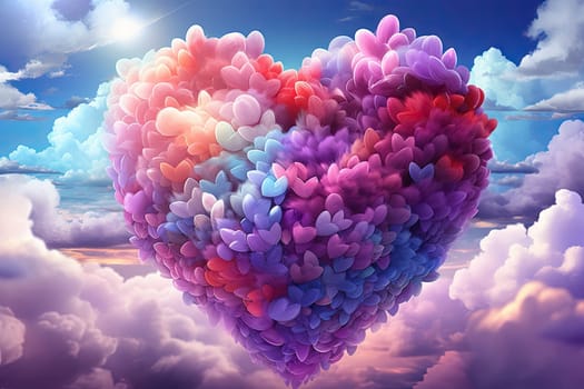 a heart shaped balloon floating in the air with clouds and blue sky behind it, as if you'reting for valentine's day