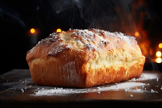 a baked bread on a wooden cutting board with some powdered sugar around it and lit candles in the background