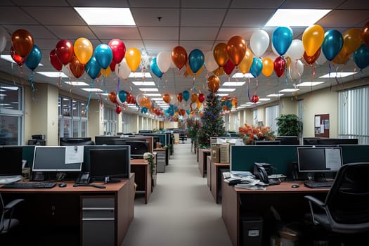 an office with balloons hanging from the ceiling and computer desks on either sides, all decorated in different colors