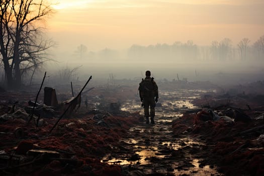 a person standing in the middle of a muddy area with trees and debris scattered on the ground at sunset time