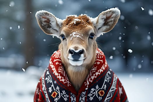 a deer wearing a red and white sweater with snow falling all over it's face, in the middle of the frame
