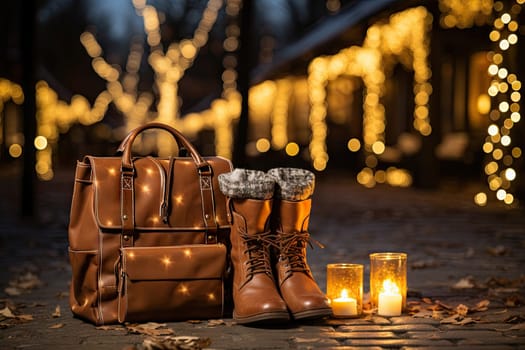 a pair of boots and a bag on the ground next to a candle, with some lights in the background