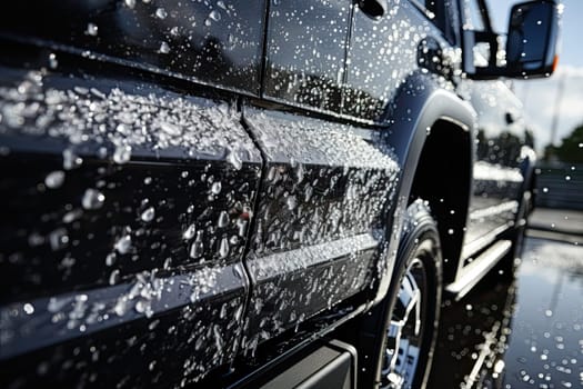 the back end of a truck with water splashing all over it's rims and wheel hubs