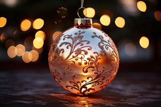 a christmas orname on a table with bo lights in the background and an orange ball hanging from the top