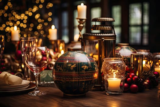 a christmas table setting with candles, ornaments and other holiday decorations on the table in the background is blurry