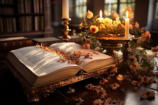 an open book sitting on a table with flowers and candles in the photo is blured by the light coming through the window