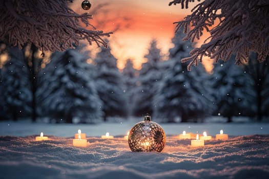 christmas decorations in the snow with candles lit up on the ground and snowy trees in the background is an orange sky