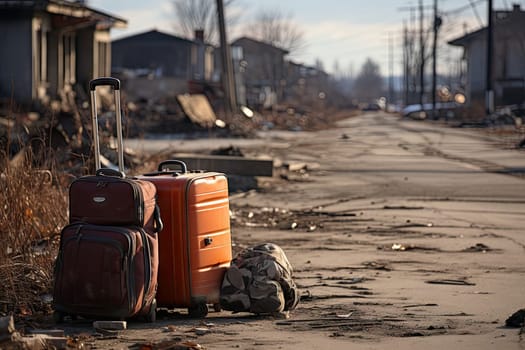 two pieces of luggage sitting on the ground in front of an old building with debris all over it and buildings behind
