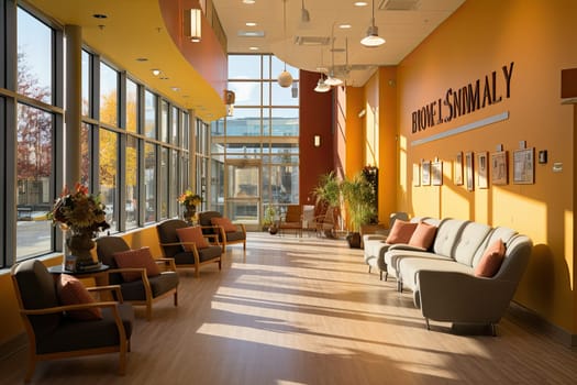 a waiting area with couches, chairs and tables in front of large windows that look out onto the street