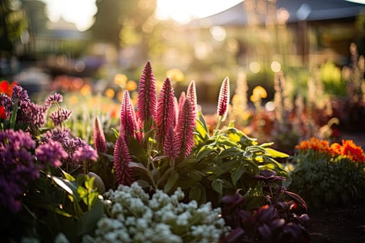 some flowers and plants in the sun on a sunny day, with sunlight shining through the leaves to the background