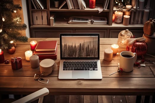 a laptop computer sitting on a table next to a christmas tree with candles and other decorations around the desk area