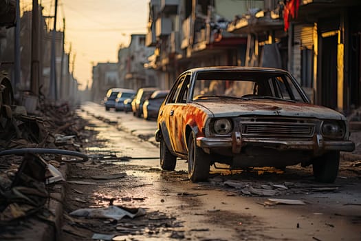 an old car in the middle of a street with debris all over it and buildings on either side of the road