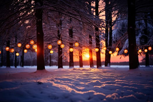 lanterns hanging from trees in the middle of a snow - covered park at sunset, new york, new york