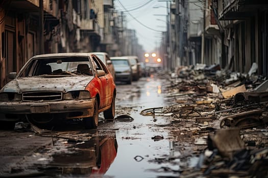 a car that is sitting in the middle of a street with debris all over it and buildings on both sides