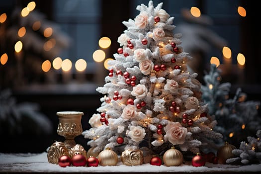 a white christmas tree with red and gold ornaments in front of it, surrounded by bodings of lights