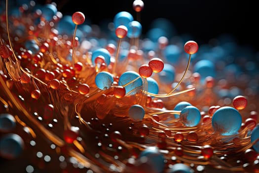 some red and blue spheres on a black background with light spots in the center, creating an abstract composition image