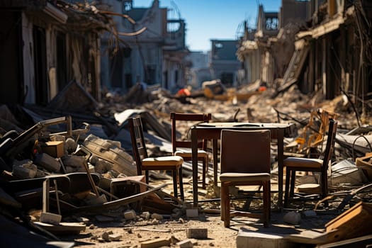 some chairs and debris in the middle of an urban area with buildings scattereded on the ground, all around them