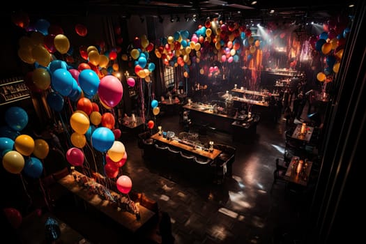 a party setting with balloons and lights on the ceiling, as seen from above by a large group of people
