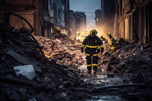 a firefighter standing in the middle of an alley with rubble and debris all around him, as he looks on