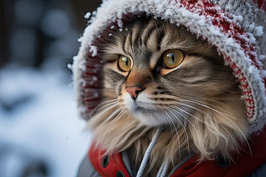 a cat wearing a red and white hat with snow all over it's face, looking at the camera