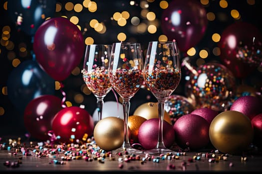 two wine glasses filled with colorful coning on a table surrounded by balloons, coning and christmas lights in the background
