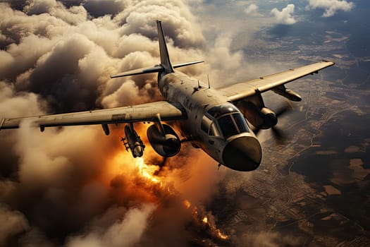 an airplane flying in the sky with smoke coming from it's engine and clouds behind it, as seen from above