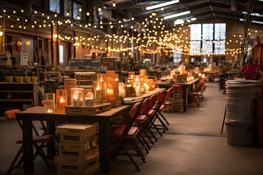 some tables and chairs in a room with lights hanging from the ceiling over them to make it look like they're