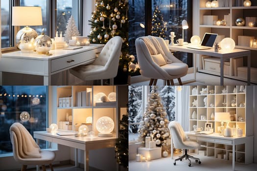 an office with christmas decorations on the desks and in front of a large window that looks out onto the city