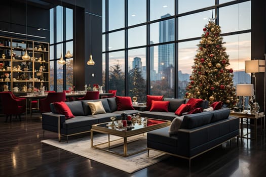 a living room with a christmas tree in the middle and red pillows on the sofas next to the coffee table