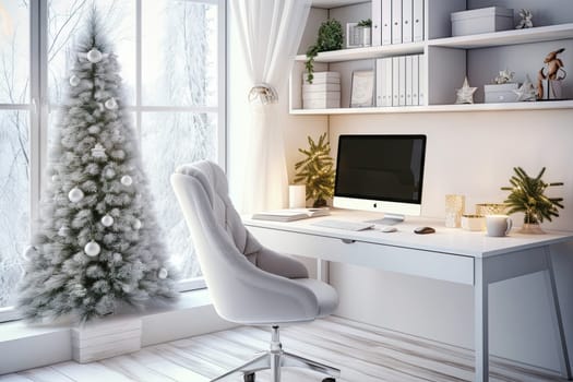 a white christmas tree in the corner of a room with a computer on it and a chair by the window
