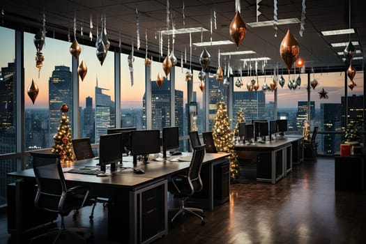 an office with christmas decorations hanging from the ceiling and desks in front of large windows looking out to city skyline