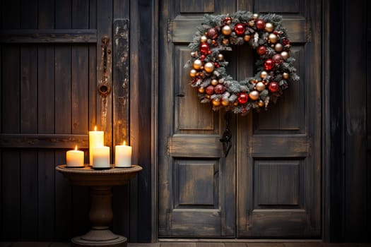 a christmas wreath on a door with a lit candle next to it and an old wooden wall behind the door