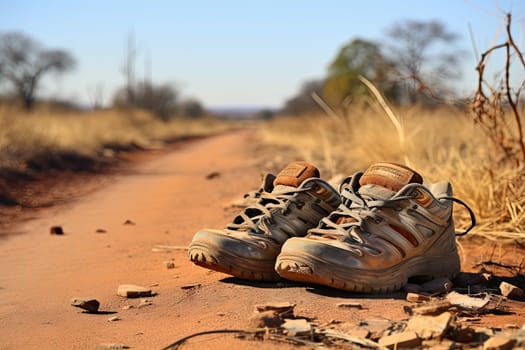 an old pair of shoes laying on the side of a dirt road with dry grass and weeds in the background