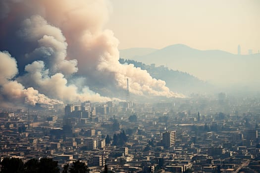 a city with smoke coming from the chimneys and buildings in the fore - fire area, taken from an airplane